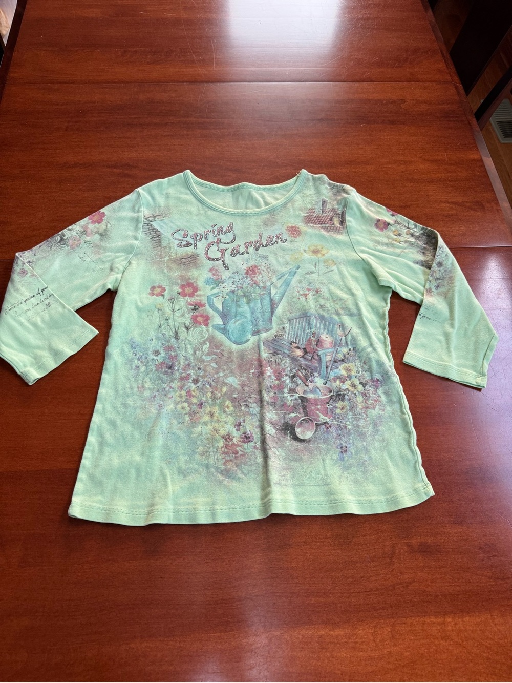 Y2K Spring Garden Rhinestone Floral Graphic Top 3/4 Sleeve Mint Green